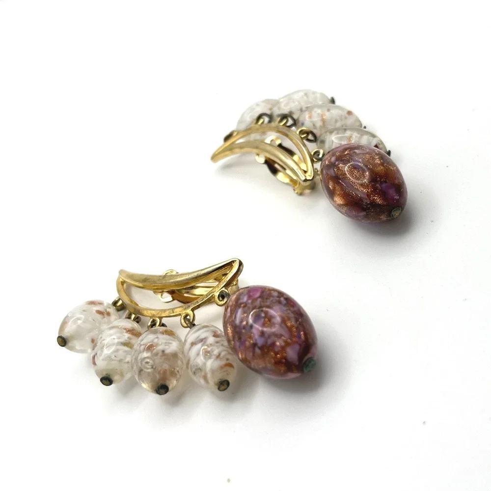 Schiaparelli Vintage Art Glass Clip On Earrings Gold Tone Pink Purple Speckled